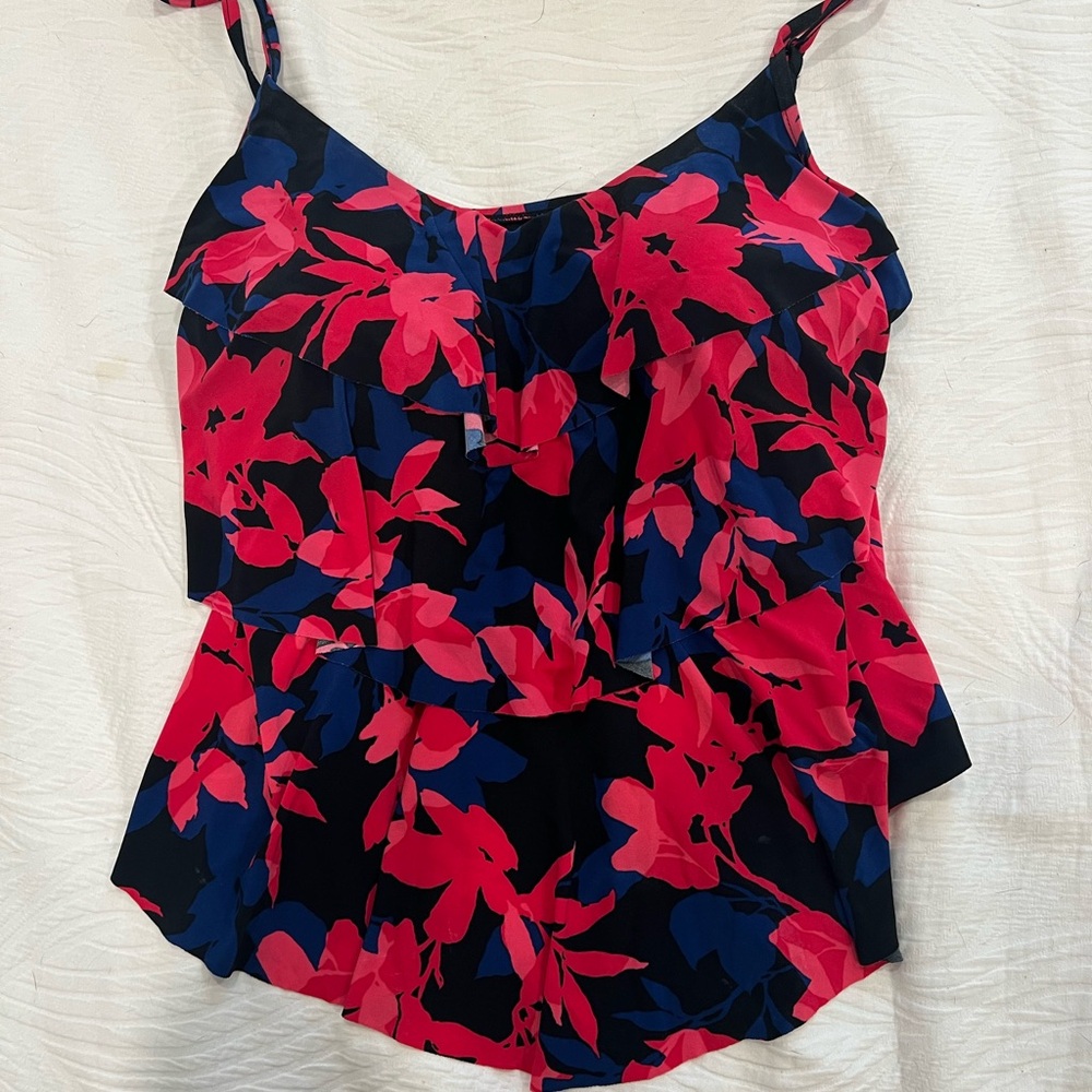 Red, Royal Blue & Black Asymmetrical Ruffled Tankini Top